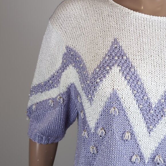 Vintage 90s Magnolia Sweater Pearl Beaded Chevron Tunic Knit Pullover Keyhole - Picture 4 of 14